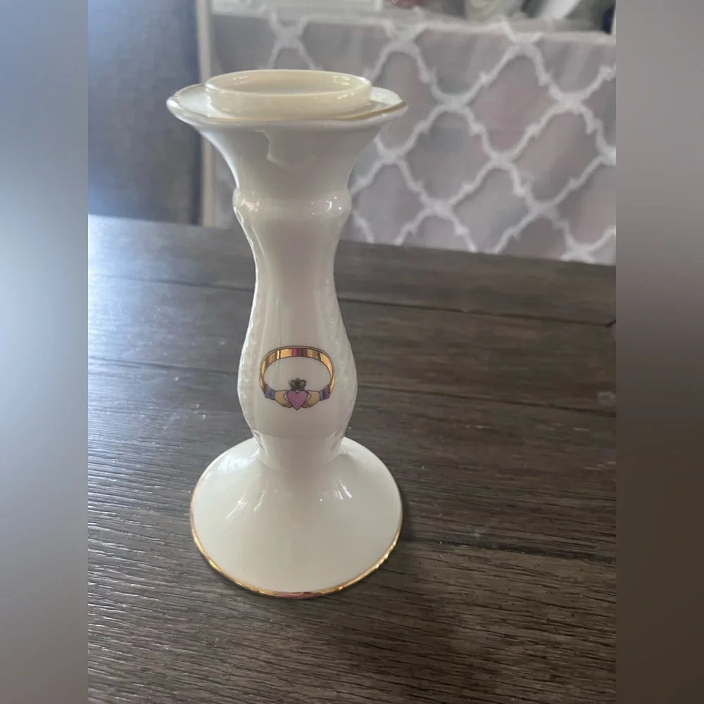 Claddagh Candlestick Holders Porcelain gold trim ivory white Donegal Parian
